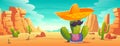 Mexican cactus with mustaches in sombrero, poncho