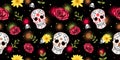 Mexican carnival Dia de los muertos Day of the dead concept with sugar skulls, roses, fireworks and daisy flower.