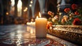Mexican Catholic Altar Event with Candles and Flowers Defocused Background
