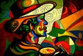 Mexican celebrating Cinco de Mayo which is Mexico independence day in an abstract cubist style painting