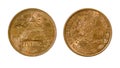 Mexican 20 cents copper coin, both sides. Royalty Free Stock Photo