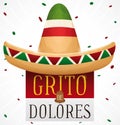 Mexican Charro Hat over Calendar and Bell Promoting Cry of Dolores, Vector Illustration