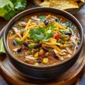 Mexican chili con carne in a bowl with tortilla chips