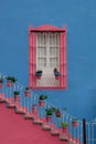 Mexican Classic Colonial Style Window and stairs, pink and blue colors Royalty Free Stock Photo