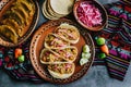 Mexican cochinita pibil tacos with habanero sauce traditional food in Yucatan Mexico