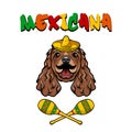 Mexican Cocker Spaniel Dog. Sombrero, Meracas, Mustache. Mexico. Mexican symbols. Dog breed. Vector.