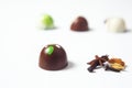 Mexican Colorful chocolate candy bonbons with mint leaves, cinnamon and coffee beans on white background