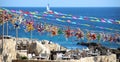 Mexican colorful pinatas at cliff restaurant luxury hotel during New Years and Christmas celebrations Royalty Free Stock Photo