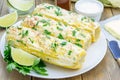 Mexican corn with butter, mayonnaise, parmesan, chili, cilantro, lime Royalty Free Stock Photo