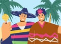 Mexican couple, man and woman in national costumes, pancho and hat taking selfie on background of palm trees, vector