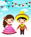 Mexican couple traditional costume cartoon