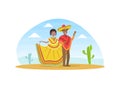 Mexican Couple Wearing National Traditional Clothes Standing on Desert Landscape Vector Illustration