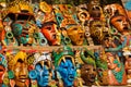 Mexican crafts for tourists on the market. Colorful Souvenirs, masks of Mayan warriors. Mexico