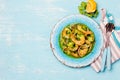 MEXICAN CUISINE. Aguachile de camaron. Prawns aguachile. Shrimps eviche cebiche with cucumber, lemon and purple onion Royalty Free Stock Photo