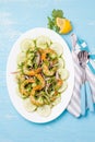 MEXICAN CUISINE. Aguachile de camaron. Prawns aguachile. Shrimps eviche cebiche with cucumber, lemon and purple onion Royalty Free Stock Photo