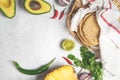 Mexican cuisine food frame - ingredients for mexican tacos al pastor, corn tortillas, chili pepper, pineapple, avocado, cilantro, Royalty Free Stock Photo