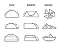 Mexican cuisine food. Taco, burrito and nachos eating snacks line vector set