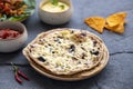 Mexican cuisine on a gray stone background. Homemade buritto with cheese, nachos chips with tomato and cheese sauce, stewed Royalty Free Stock Photo