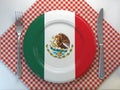 Mexican cuisine or mexican restaurant concept. Plate with flag of Mexico with knife and fork