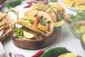 Mexican cuisine - mexican tacos al pastor, pork meat, corn tortillas, chili pepper, pineapple, avocado, cilantro, lime Royalty Free Stock Photo