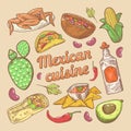 Mexican Cuisine Traditional Food Hand Drawn Doodle with Tacos and Nachos Royalty Free Stock Photo