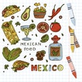 Mexican cuisine, vector doodle food set. National spicy food, fast food, snacks. Sketch illustration for restaurant