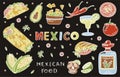 Mexican cuisine, vector doodle food set. National spicy food, fast food, snacks. Sketch illustration for restaurant