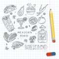 Mexican cuisine, vector doodle food set. National spicy food, fast food, snacks. Sketch illustration for restaurant