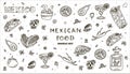 Mexican cuisine, vector doodle food set. National spicy food, fast food, snacks. Sketch illustration for restaurant