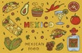 Mexican cuisine, vector doodle food set. National spicy food, fast food, snacks. Sketch illustration for restaurant