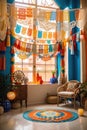 Mexican culture-inspired interior room, vibrant with traditional artistry and warm tones.