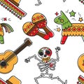 Mexican culture and Mexico symbols skeleton maracas and guitar