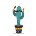 Mexican cute cartoon cactus with a mustache and maracas in a flower pot with national patterns.