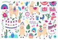 Mexican cute llamas. Llama and peruvian alpaca wildlife animals, funny llamas characters and Peru ethnic symbols vector