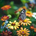 Mexican daisy blooms, a butterfly rests on vibrant coat buttons