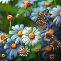 Mexican daisy blooms, a butterfly rests on vibrant coat buttons