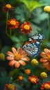 Mexican daisy blooms, a butterfly rests on vibrant coat buttons