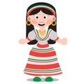 Mexican dancer girl cartoon character. Woman with dark hair in a national Mexican costume