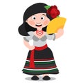 Mexican dancer girl cartoon character. Woman with dark hair in a national Mexican costume