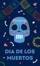 Mexican Day of the Dead design template with painted skull and flags. Title in Spanish Day of the Dead. Hand drawn vector