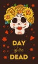 Mexican Day of the Dead design template with painted skull and flowers. Hand drawn vector