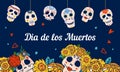 Mexican Day of the Dead design template with painted skulls and marigold flowers on top and bottom of the page. Title in Spanish Royalty Free Stock Photo