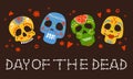 Mexican Day of the Dead design template with painted skulls and title. Hand drawn illustration Royalty Free Stock Photo