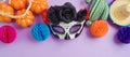 Mexican day of the dead DÃÂ­a de los Muertos holiday concept. Sugar skull mask and party decorations on purple background. Top view Royalty Free Stock Photo