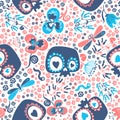 Mexican Day of the Dead festive seamless pattern with heart eyed cartoon skulls, beautiful wild flowers, lovely insects