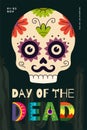 Mexican Day of the Dead holiday poster. Dia de Los Muertos national festival greeting card with colourful lettering and