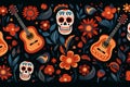 Mexican Day of the Dead Skull with Guitars Illustration Flowers Background