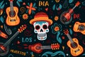 Mexican Day of the Dead Skull with Guitars Illustration Flowers Background Text Royalty Free Stock Photo