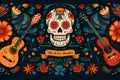 Mexican Day of the Dead Skull with Guitars Illustration Flowers Background Text Royalty Free Stock Photo