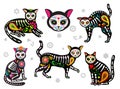 Mexican dead cats. Dead animals. Cats skulls and sugar heads colorful holiday vector illustration for day of the dead